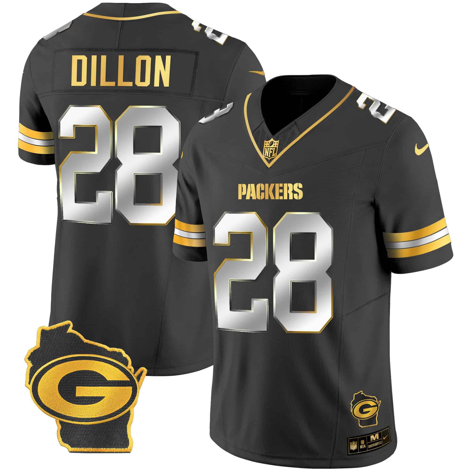 Men Green Bay Packers #28 Dillon Black Gold 2024 Nike Home Patch Vapor NFL Jersey style 1->indianapolis colts->NFL Jersey